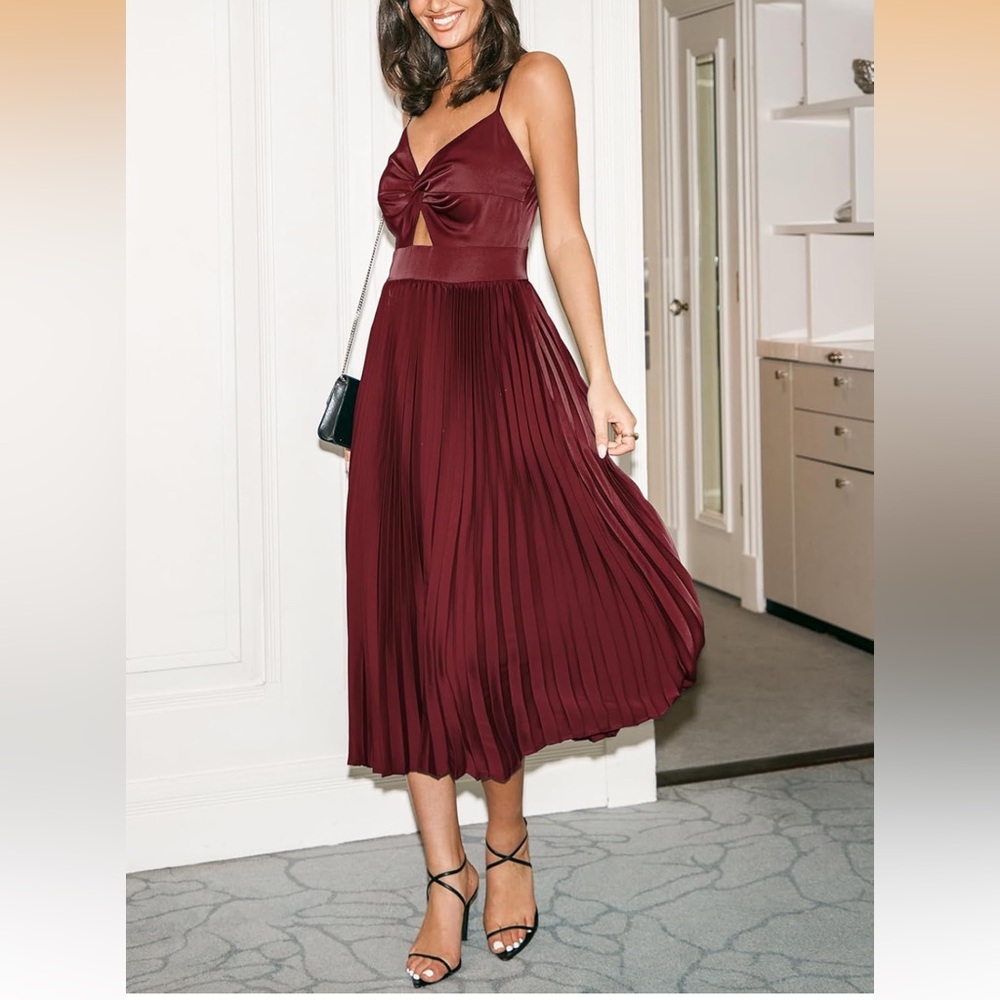 Cupshe Wine Red Midi Dress with Pleats